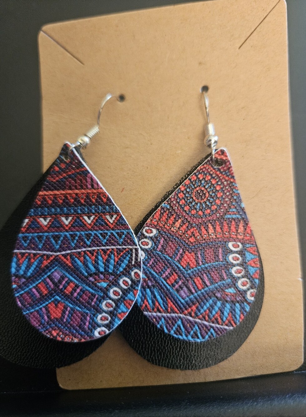 Boho Teardrop Red & Blue Patterned Leatherette Earrings